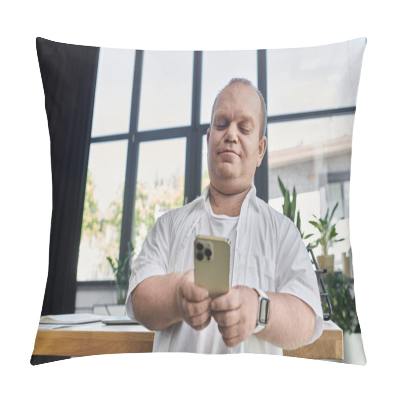 Personality  A Man With Inclusivity Sits In A Modern Office Setting, Checking His Phone. Pillow Covers