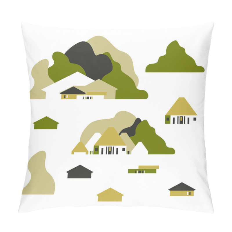 Personality  House Among The Hills And Trees. Flat Style. Tourism And Recreation. Set Of Elements. Vector Illustration. Pillow Covers