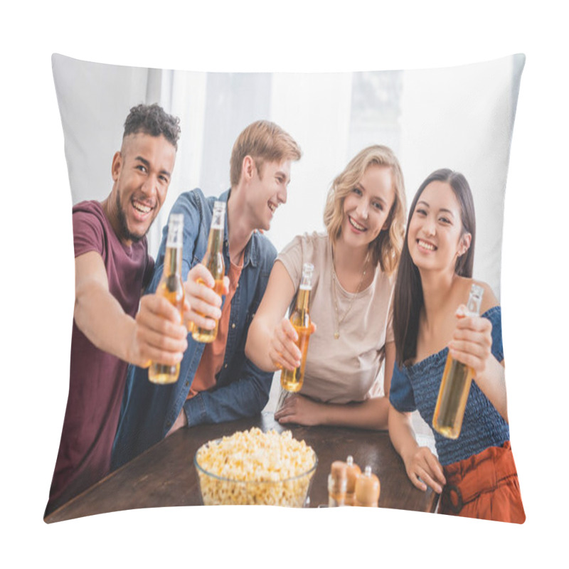 Personality  Excited Multicultural Friends Looking At Camera While Holding Bottles Of Beer  Pillow Covers