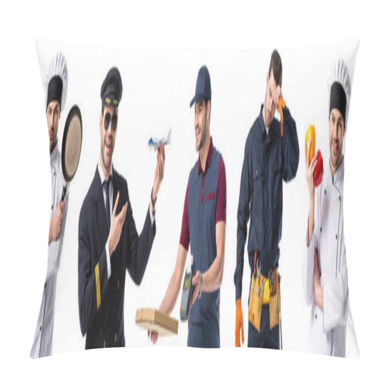 Personality  Collage Of Handsome Man Showing Different Professions Isolated On White Pillow Covers