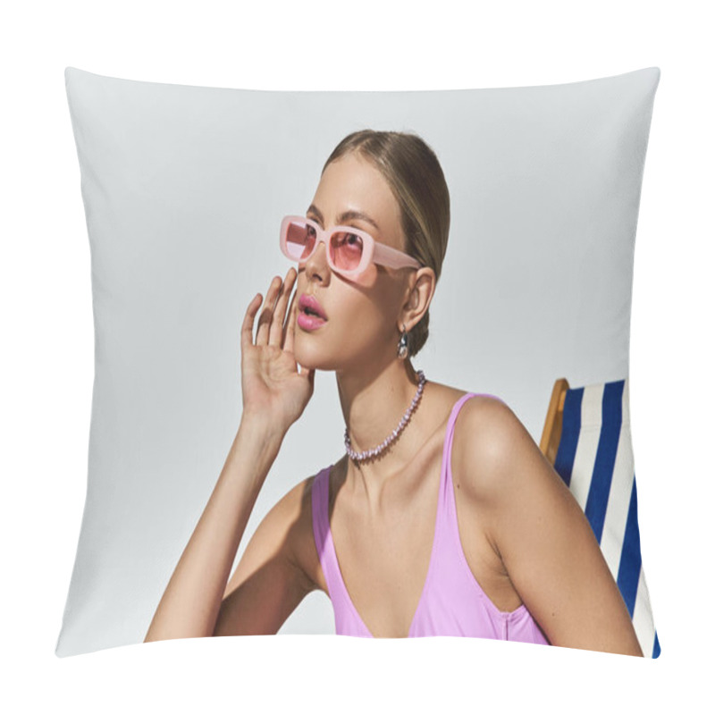 Personality  Blonde Woman Relaxing On Beach Chair In Trendy Pink Sunglasses. Pillow Covers