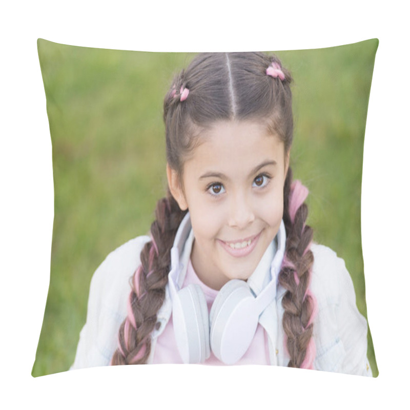 Personality  Healthy Emotional Happy Kid Relaxing Outdoors. What Makes Child Happy. Girl Braids Hairstyle And Modern Headphones Enjoy Relax. Secrets To Raising Happy Child. Girl Cute Kid Green Grass Background Pillow Covers