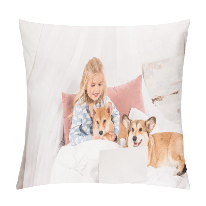 Personality  Adorable Child Lying In Bed With Corgi Dogs And Using Laptop At Home Pillow Covers