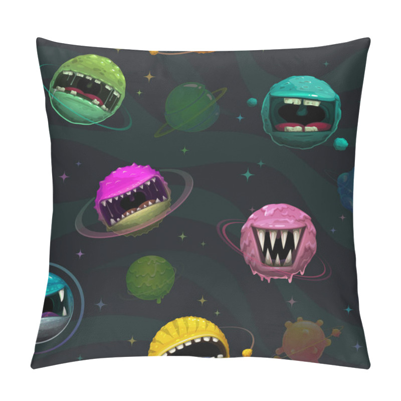 Personality  Cartoon Background. Seamless Pattern With Scary Monster Planets. Alien Space Concept. Pillow Covers