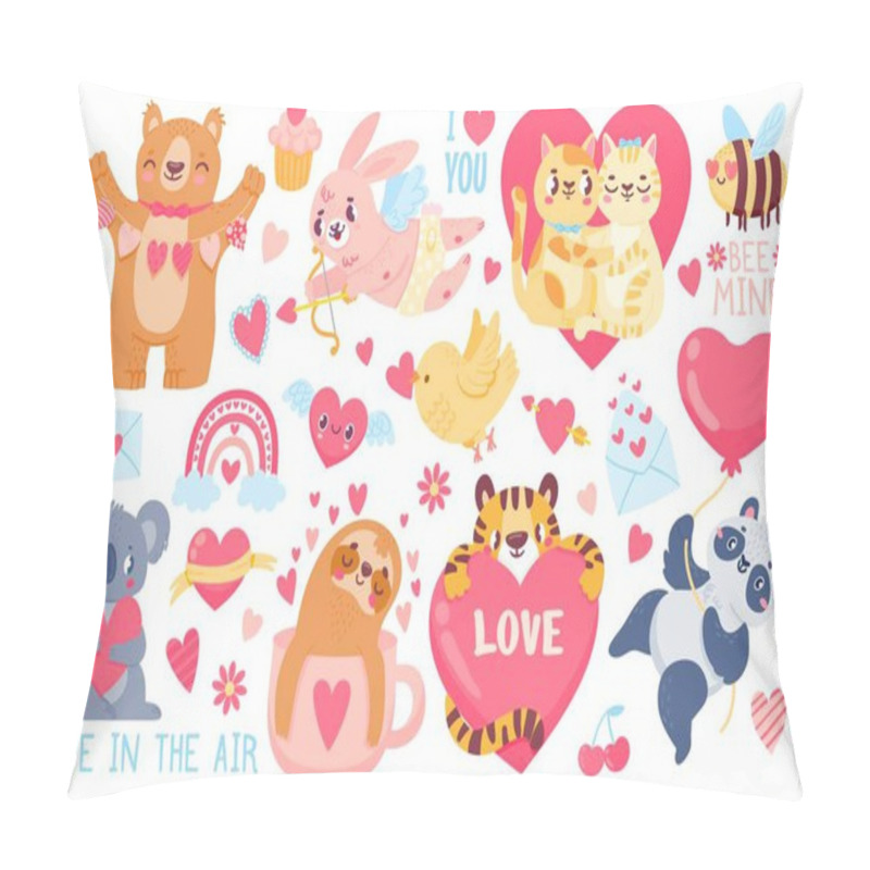 Personality  Valentines Day Animals. Cupid Bunny, Pet Cats Love Couple Hug, Tiger, Koala And Panda With Hearts. Happy Valentines Cute Sticker Vector Set Pillow Covers