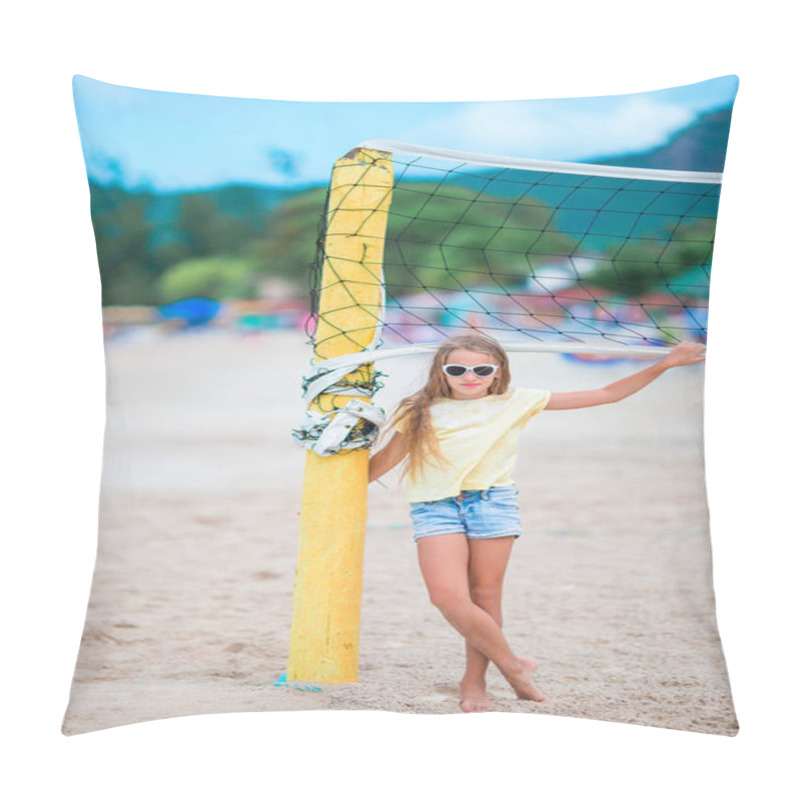 Personality  Little Adorable Girl Playing Beach Volleyball With Ball. Sporty Kid Enjoy Beach Game Outdoors Pillow Covers