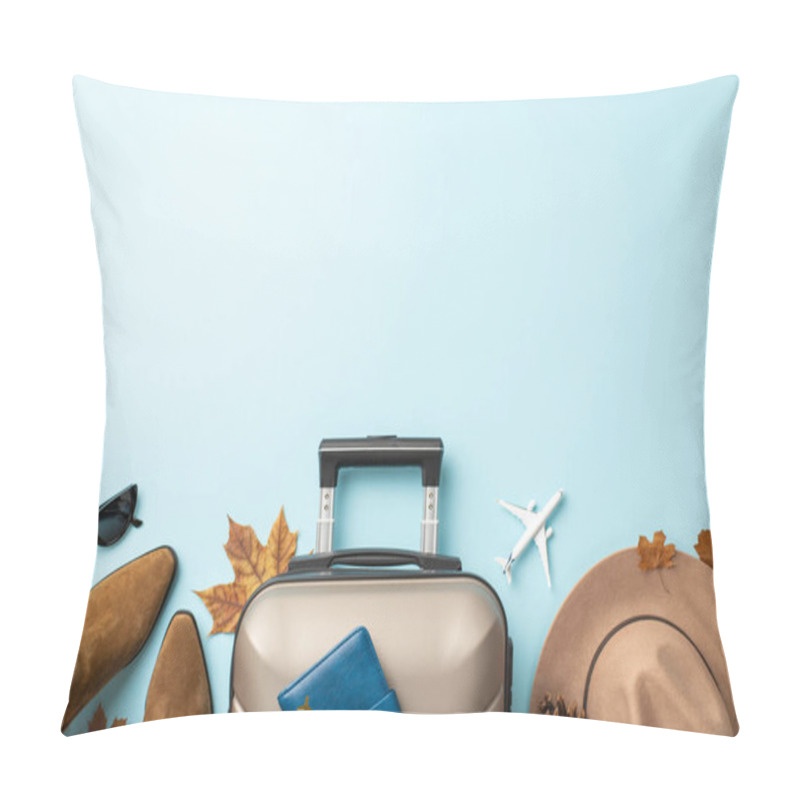 Personality  Your Autumn Journey, Your Elegance. Top-down View Featuring A Gray Suitcase With Passport, Trendy Boots, Chic Sunglasses And Felt Hat On Light Blue Isolated Backdrop, Ready For Your Travel Message Pillow Covers