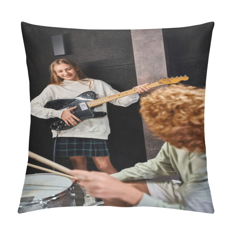 Personality  Focus On Adorable Teenage Girl Playing Guitar And Looking At Her Blurred Red Haired Drummer Pillow Covers