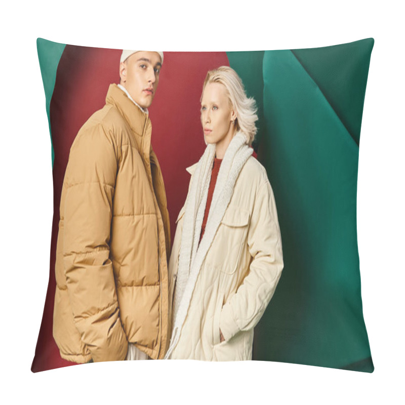 Personality  Couple In Trendy Winter Jackets Posing With Hands In Pockets On Red With Turquoise Backdrop Pillow Covers