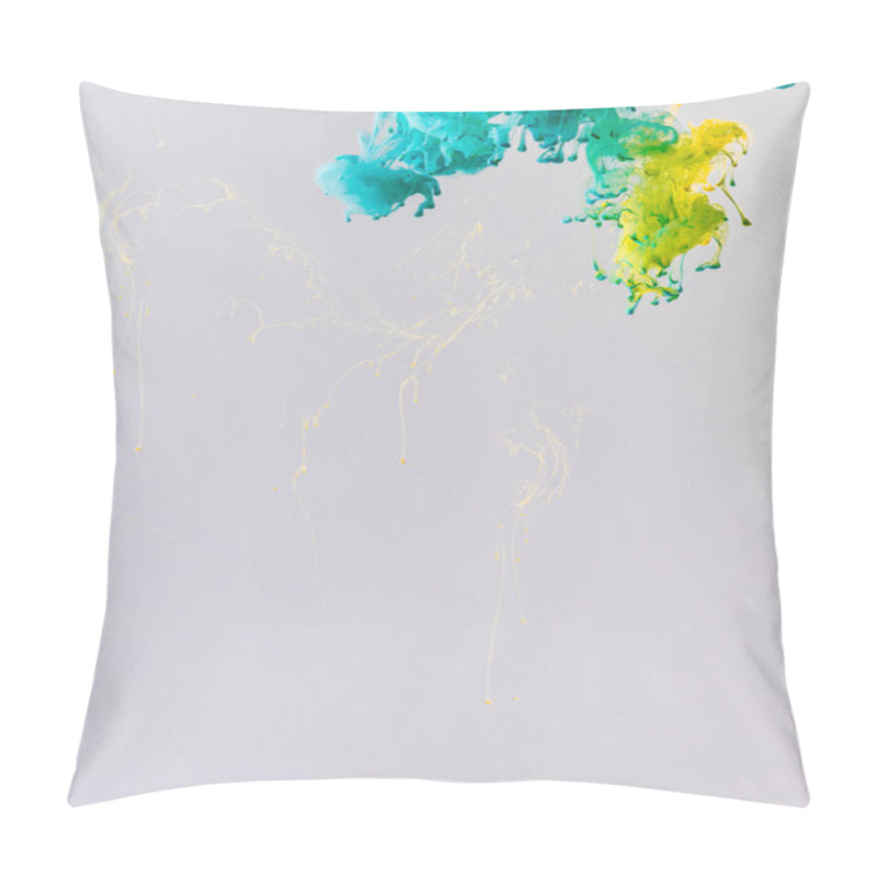 Personality  Background With Turquoise And Yellow Paint Flowing In Water With Drops, Isolated On Grey Pillow Covers