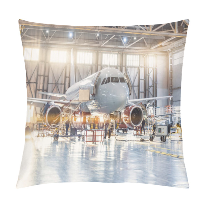 Personality  View Inside The Aviation Hangar, The Airplane Mechanic Working Around The Service. Pillow Covers