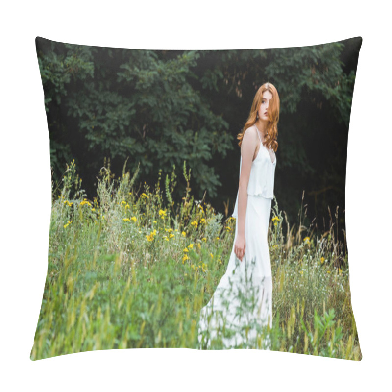 Personality  Selective Focus Of Beautiful Redhead Girl In White Dress Walking In Field With Wildflowers  Pillow Covers