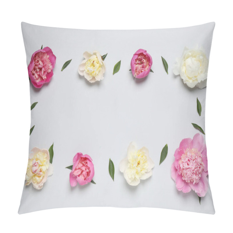 Personality  Beautiful Fresh Peonies And Leaves On Light Grey Background, Flat Lay. Space For Text Pillow Covers