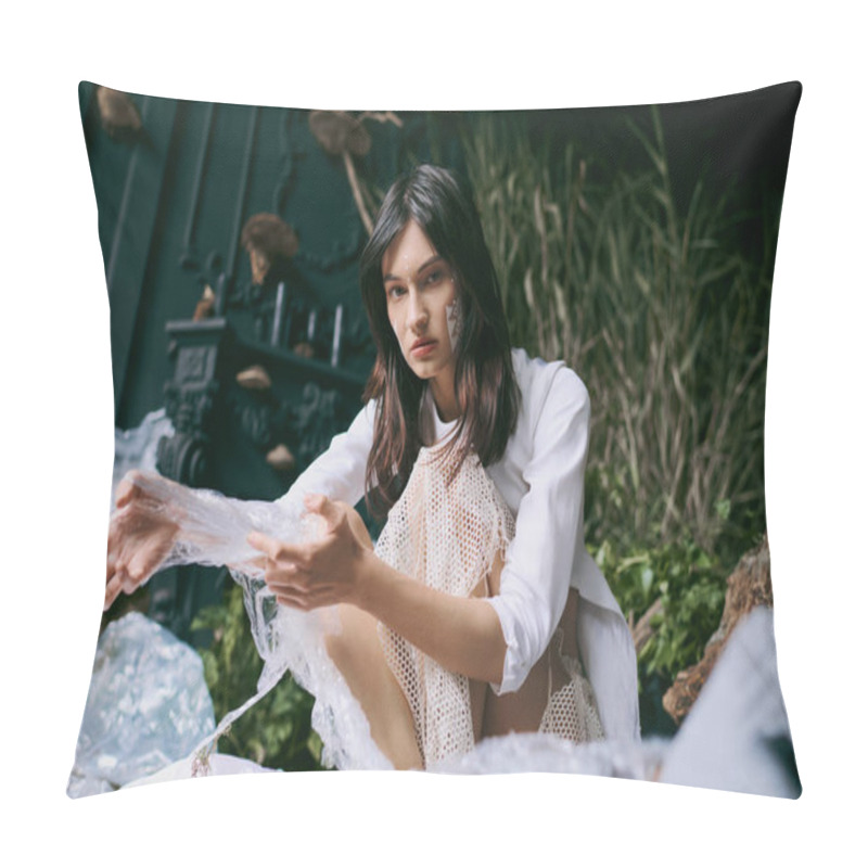 Personality  A Woman In A White Dress Poses Amidst A Swamp Filled With Plastic Waste. Pillow Covers