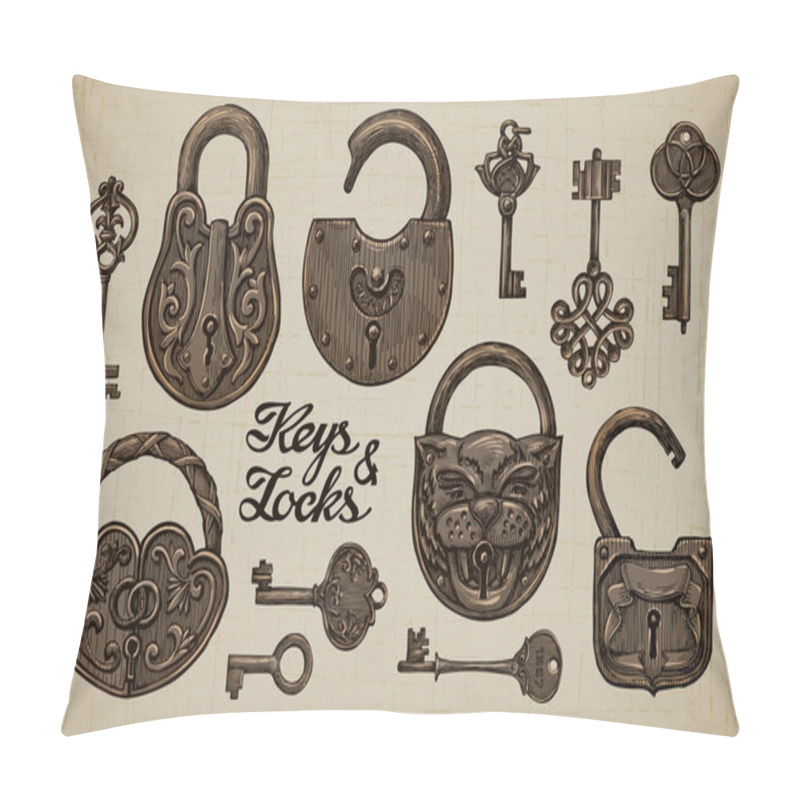 Personality  Vintage Keys And Locks. Open And Closed Padlock. Secret Or Mystery. Hand-drawn Collection Of Vector Retro Objects Pillow Covers