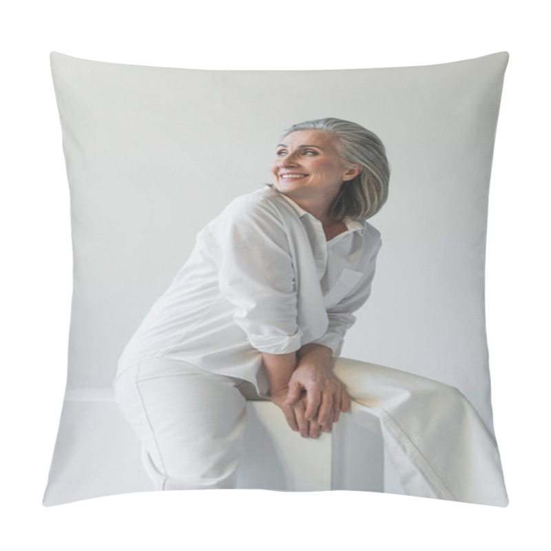 Personality  Positive Woman Smiling Away On Cube Isolated On Grey  Pillow Covers