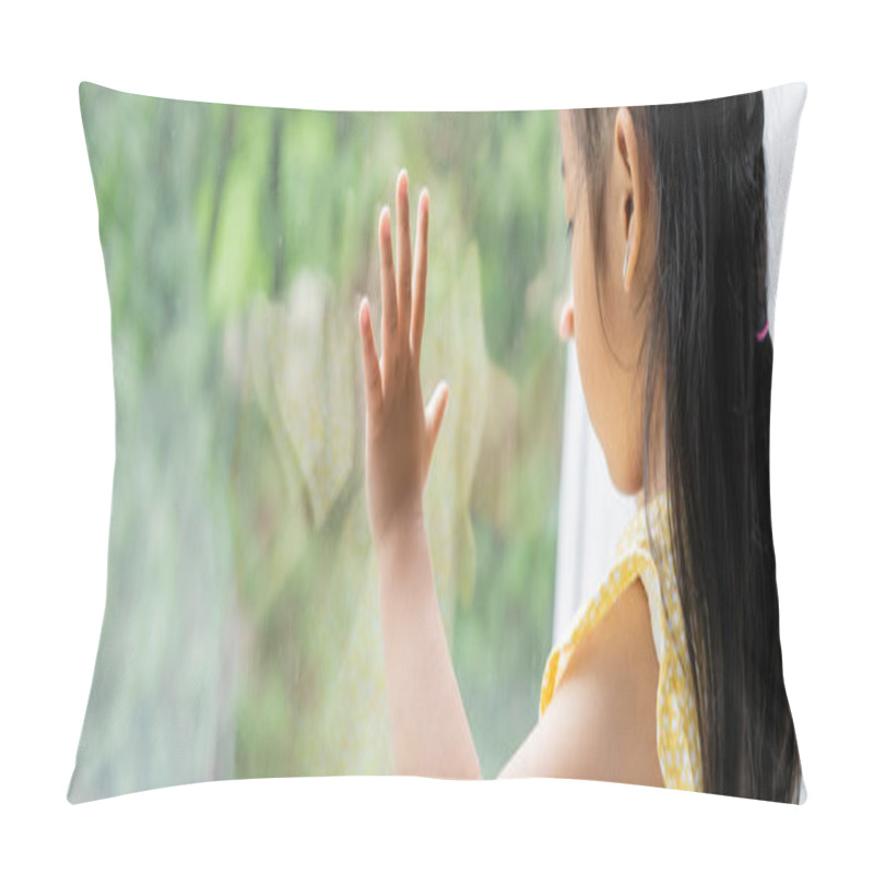 Personality  Brunette And Preschooler Asian Girl In Yellow Dress Looking Through Window At Home, Banner Pillow Covers