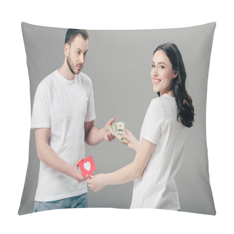 Personality  Handsome Young Man Giving Dollar Banknotes To Attractive Woman With Red Paper Cut Card With Heart Symbol On Grey Background Pillow Covers