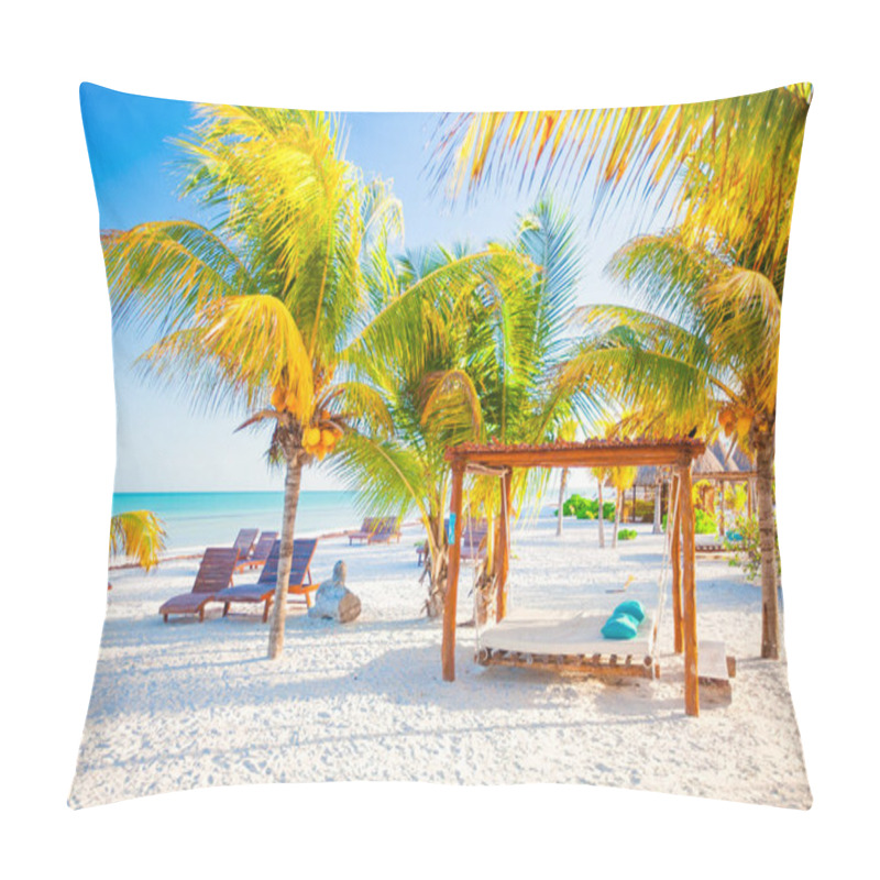 Personality  Exotic Tropical Empty Sandy Beach With Umbrellas And Beach Beds Surrounded By Palm Trees Pillow Covers