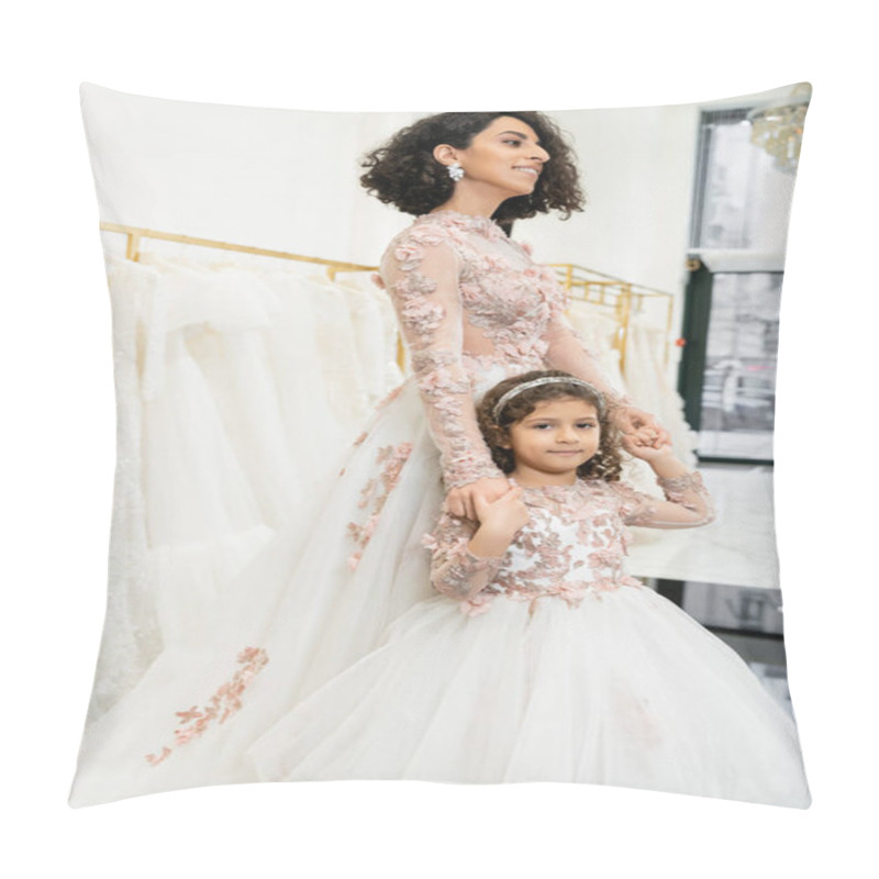 Personality  Middle Eastern Girl In Floral Attire Holding Hands With Cheerful Mother Standing In Wedding Dress Near Blurred White Gown Inside Of Luxurious Bridal Salon, Shopping, Bride-to-be, Bonding  Pillow Covers