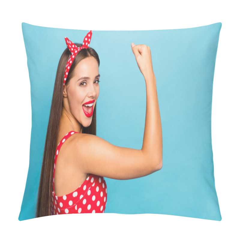 Personality  Profile Side View Portrait Of Her She Nice Attractive Glad Powerful Cheerful Confident Straight-haired Girl Showing Muscles Dominance Isolated Over Bright Vivid Shine Vibrant Blue Color Background Pillow Covers