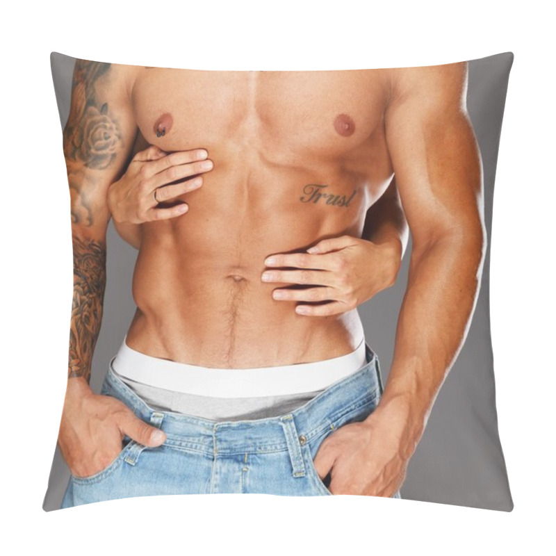 Personality  Woman's Hands Embracing Man With Naked Muscular Torso Pillow Covers