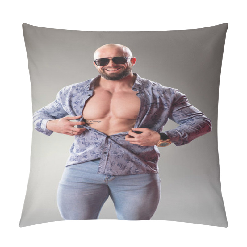 Personality  Sexy Unbuttoned Muscular Bodybuider With Sunglasses On The Gray Background Pillow Covers