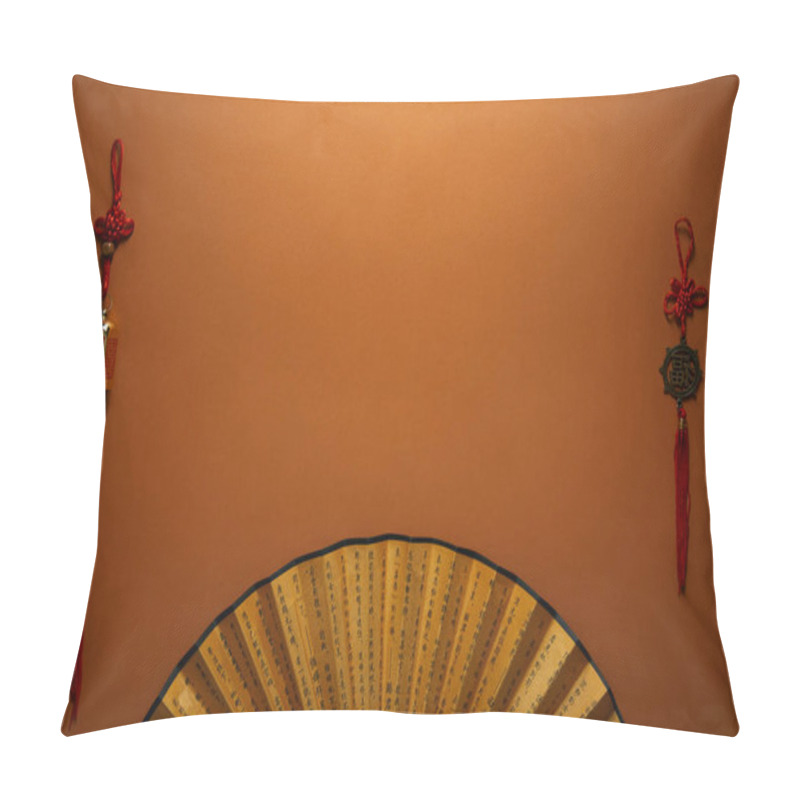 Personality  Top View Of Golden Fan With Hieroglyphs And Traditional Chinese Decorations On Brown Background Pillow Covers