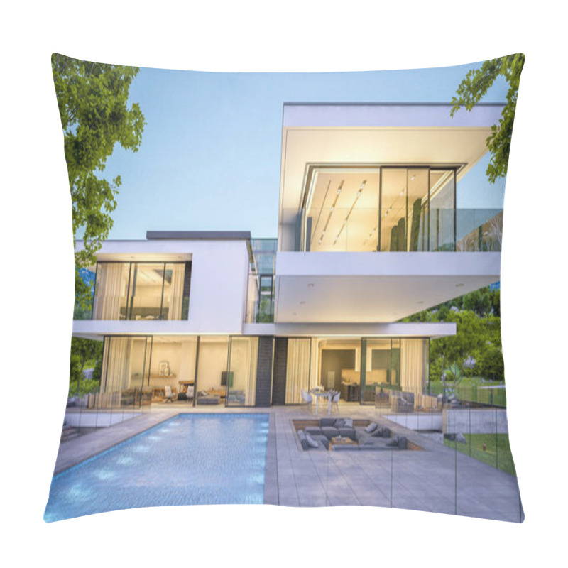 Personality  3d Rendering Of Modern Cozy House By The River With Garage For Sale Or Rent With Beautiful Mountains On Background. Clear Summer Evening With Blue Sky. Cozy Warm Light From Window. Pillow Covers