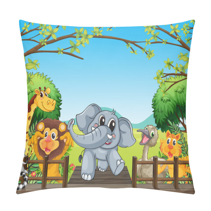 Personality  A Group Of Wild Animals At The Bridge In The Forest Pillow Covers