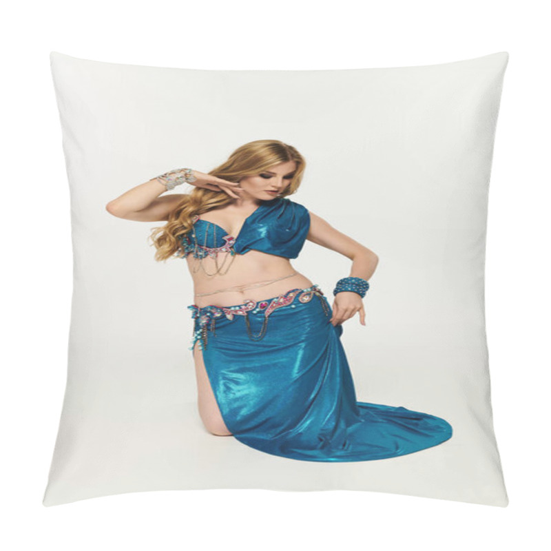 Personality  Young Woman Mesmerizes In Flowing Blue Belly Dance Outfit. Pillow Covers