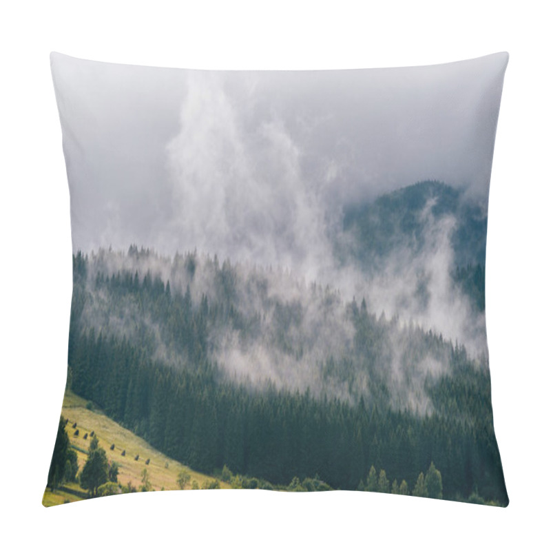 Personality  Beautiful Nature Landscape. Scenic View At Misty Foggy Mountains Peaks Covered With Rainy Stormy Clouds. Mystic Hills With Forest In Summer. Discover Carpathians. Dramatic Fable Contryside Wallpaper Pillow Covers