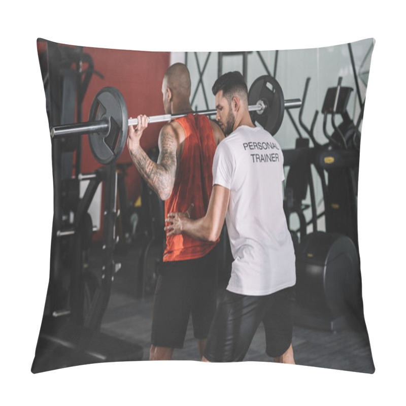 Personality  Personal Trainer Supporting African American Sportsman Lifting Barbell Pillow Covers