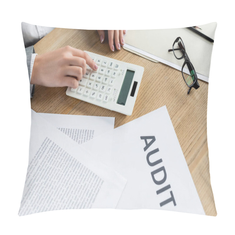 Personality  Cropped View Of Tax Inspector Using Calculator Near Paper With Audit Lettering  Pillow Covers