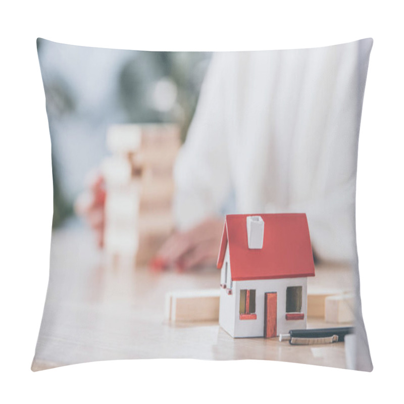 Personality  Selective Focus Of House Model Near Risk Manager And Wooden Blocks Pillow Covers