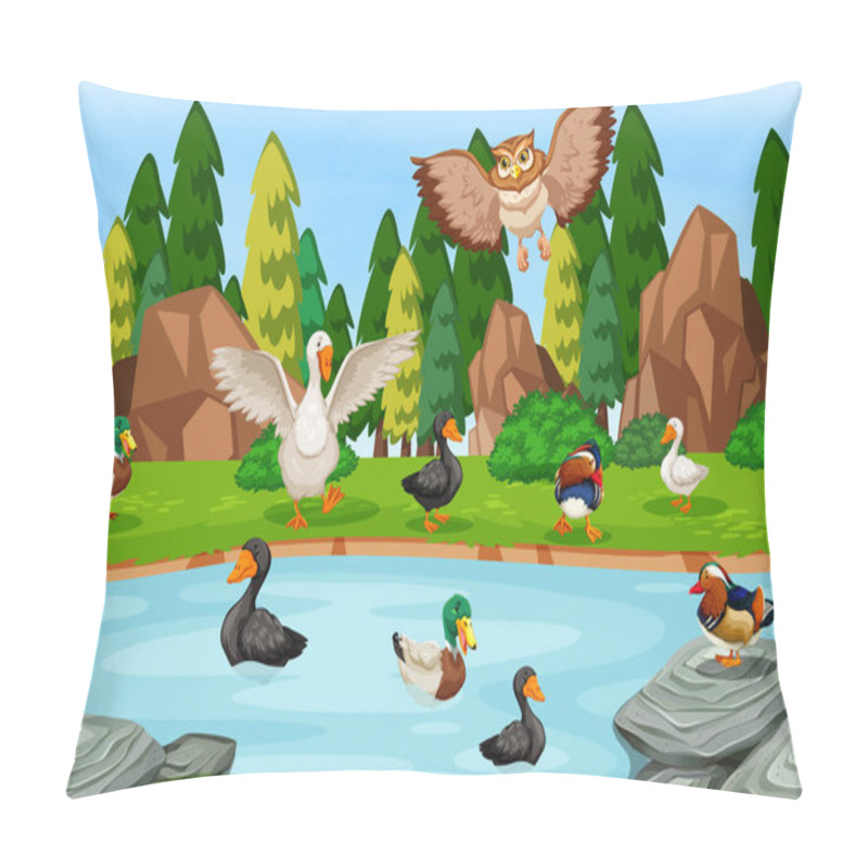 Personality  Birds In Lake Scene Illustration Pillow Covers