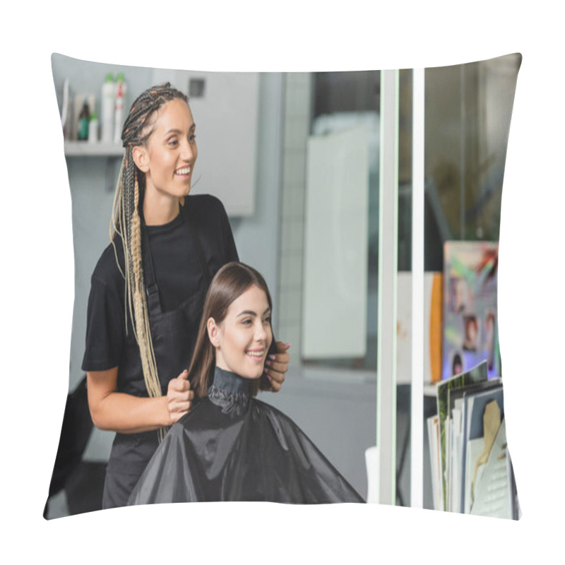 Personality  Beauty Industry, Positivity, Happy Hair Stylist With Braids Wearing Hairdressing Cape On Female Client, Hair Extension, Hair Treatment, Salon Customer, Beauty Profession  Pillow Covers