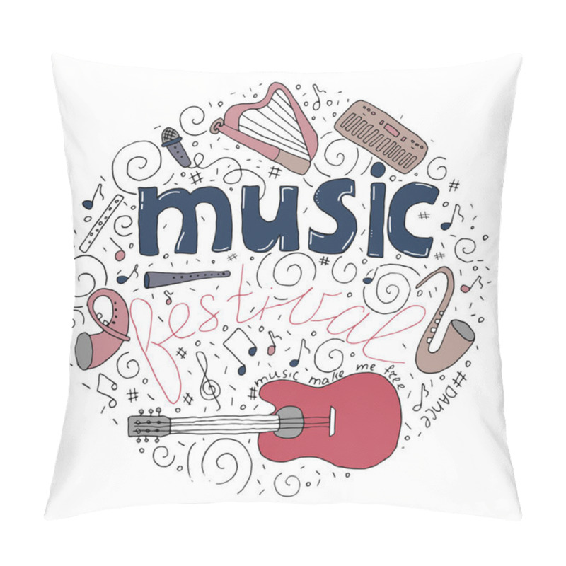 Personality  Music Festival Concept In Circle In Hand Drawn Doodle Style. Vector Musical Objects Set. Template For Banners, Posters Etc. Pillow Covers