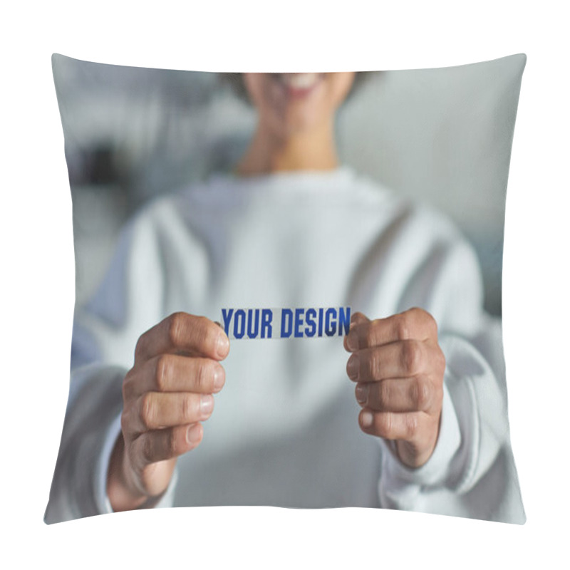 Personality  Cropped View Of Blurred And Cheerful Young African American Artisan In Sweatshirt Holding Printing Layer With Your Design Lettering In Print Studio, Focused Business Owner Managing Workshop Pillow Covers