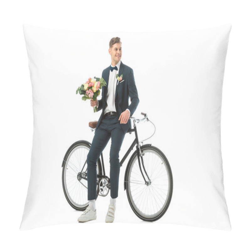 Personality  Cheerful Groom Holding Wedding Bouquet While Standing Near Bike Isolated On White Pillow Covers