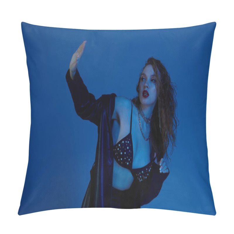 Personality  A Striking Woman With Red Hair Showcases Her Fashion Sense Under Dramatic Lighting. Pillow Covers