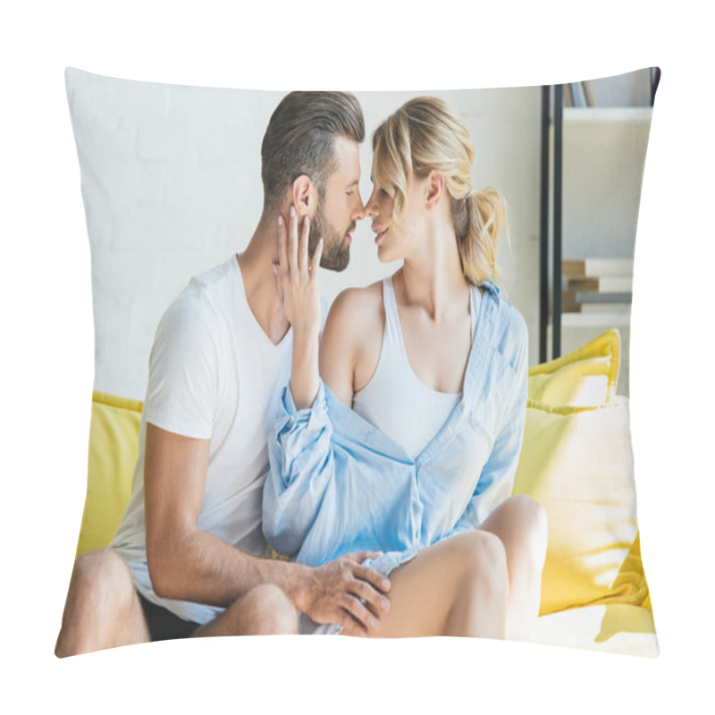 Personality  Happy Passionate Young Couple Able To Kiss On Sofa At Home Pillow Covers