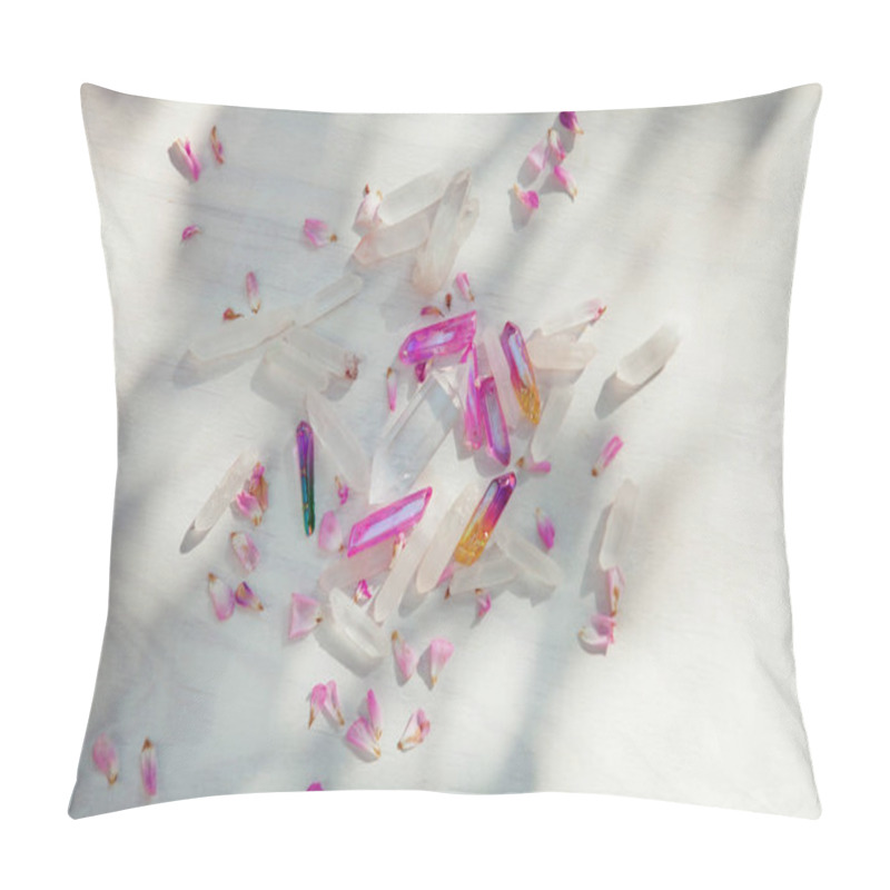 Personality  Colorful Quartz Crystals With Pink Rose Leaves On Wooden Structure, Flat Lay Background  Pillow Covers