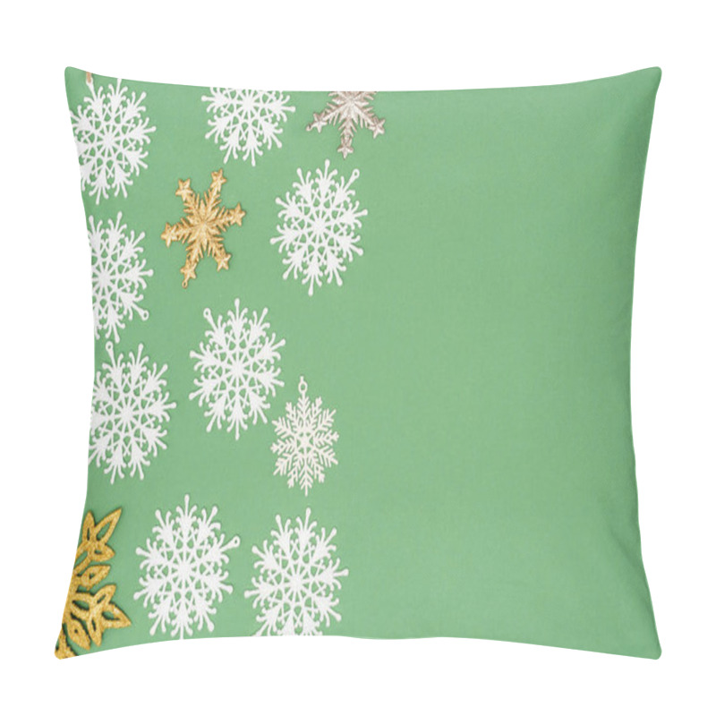 Personality  Top View Of Decorative White, Golden And Silver Snowflakes On Green Background With Copy Space Pillow Covers