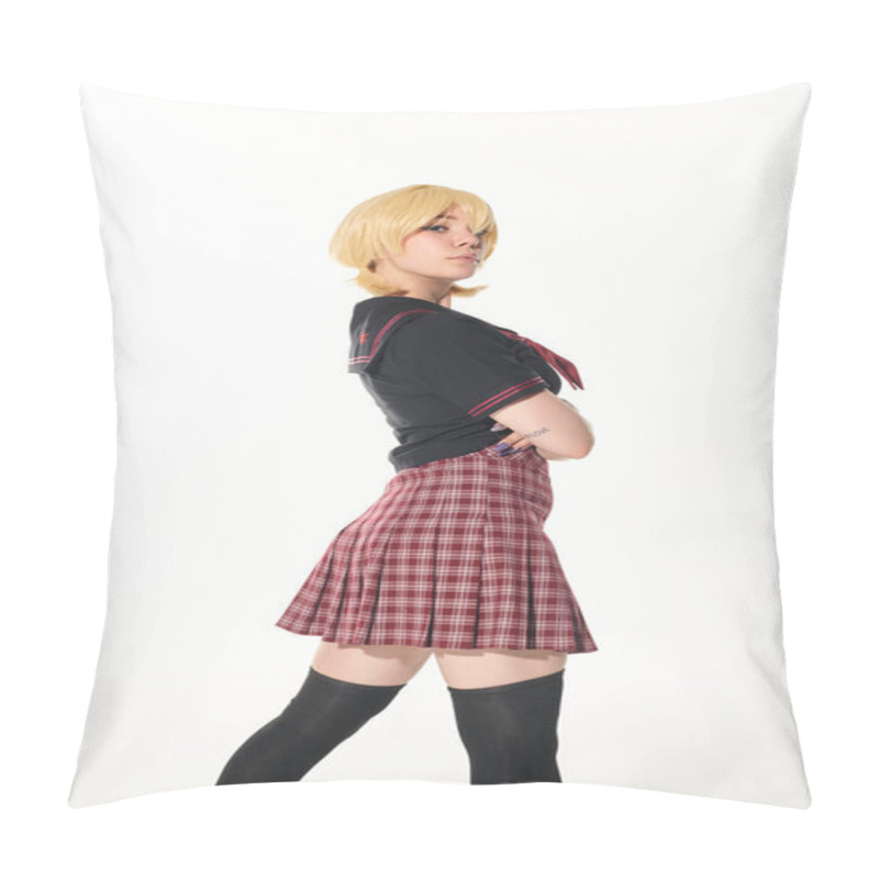 Personality  Confident Anime Style Woman In Yellow Blonde Wig And School Uniform With Folded Arms On White Pillow Covers