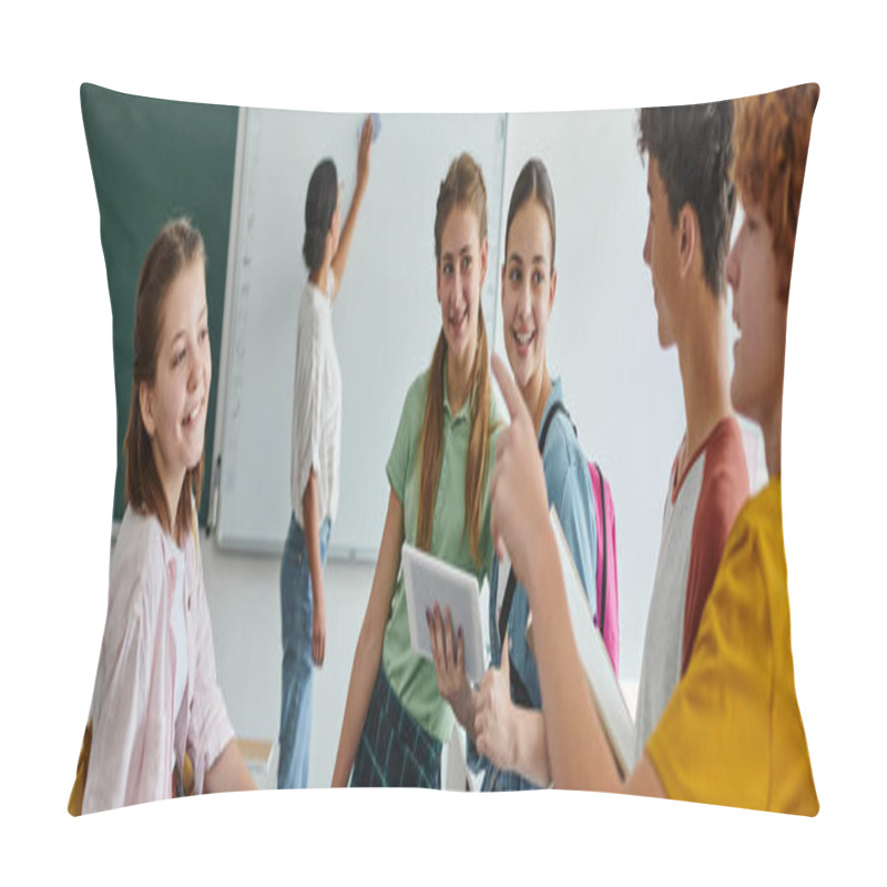 Personality  Schoolboys Talking And Pointing Near Friends And Blurred African American Teacher In Class, Banner Pillow Covers