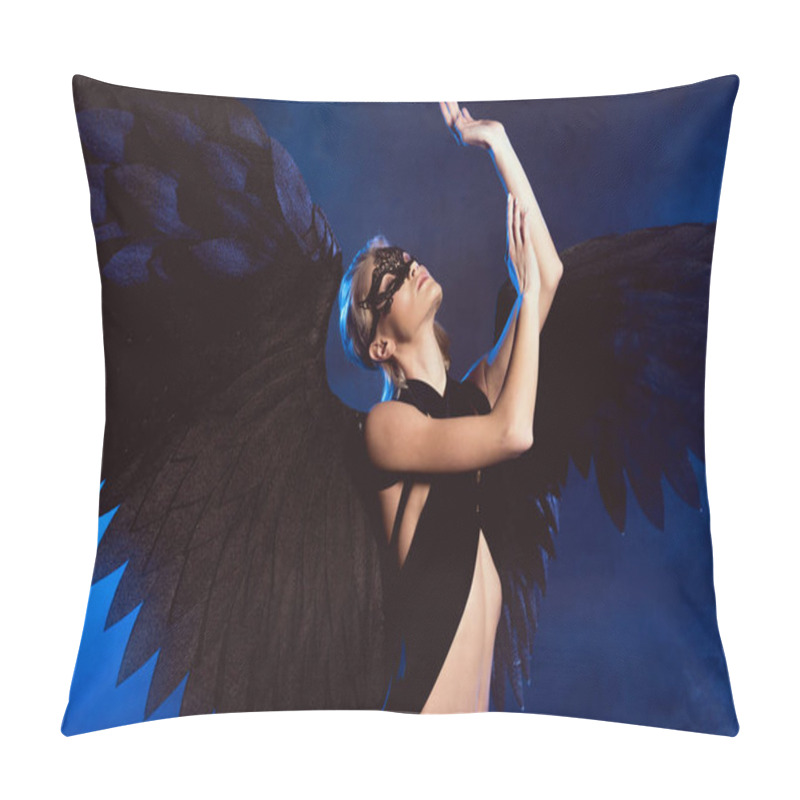 Personality  Beautiful Sexy Woman In Lace Mask And Black Angel Wings Gesturing With Hands While Posing On Dark Blue Background Pillow Covers