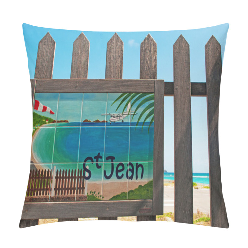 Personality  Saint-Barthelemy, St Barth: A Wooden Fence With The Sign Of The Famous St Jean Beach, In The Bay Next To The Gustavia Airport  Pillow Covers