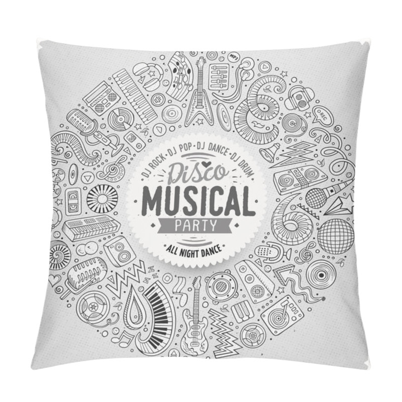 Personality  Set Of Vector Cartoon Doodle Musical Objects Collected In A Round Border. Disco Music Card Design Pillow Covers