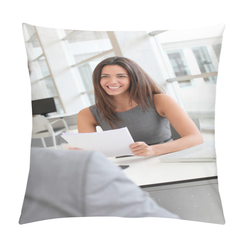 Personality  Businesswoman Interviewing Job Applicant Pillow Covers